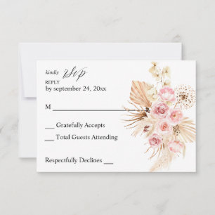 Boho Pink & Beige Floral Pampas Grass no Meal RSVP Card