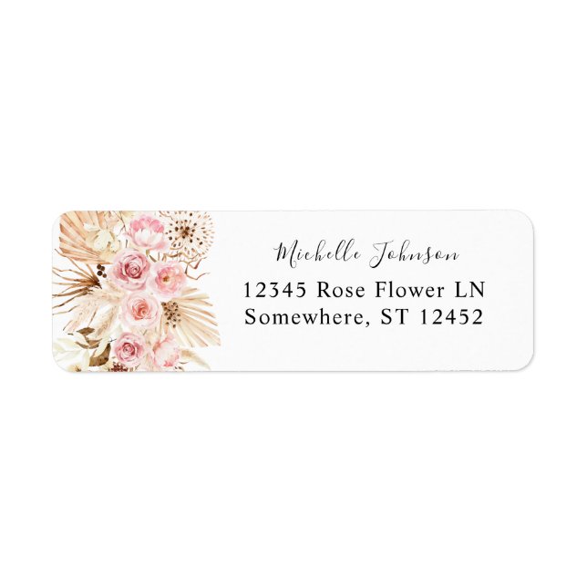 Boho Pink & Beige Floral Pampas Return Address Label (Front)