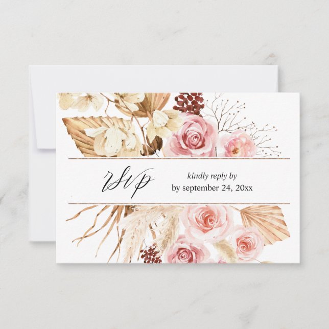 Boho Pink & Beige Floral Pampas with Meal RSVP  (Front)