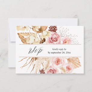 Boho Pink & Beige Floral Pampas with Meal RSVP  Card