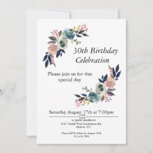 Boho Pink Blue Blush Customisable 30th Birthday Invitation