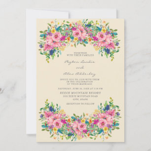 Boho Pink Blue Yellow Flowers Wedding Invitation