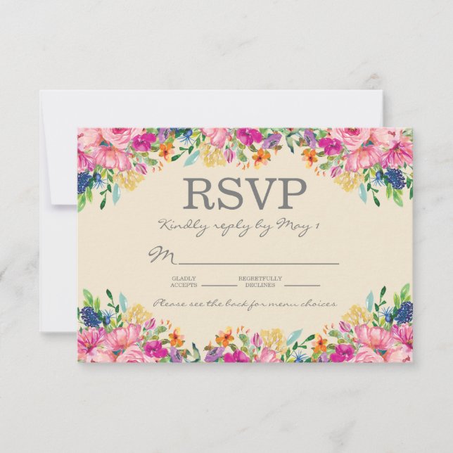 Boho Pink Blue Yellow Flowers Wedding  RSVP Card (Front)