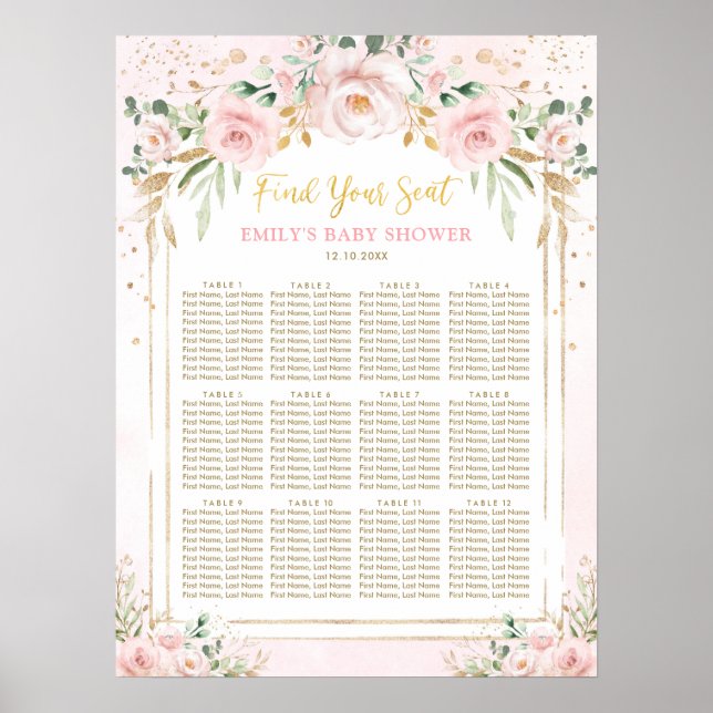Boho Pink Blush Floral Girl Baby Shower Seating Poster (Front)