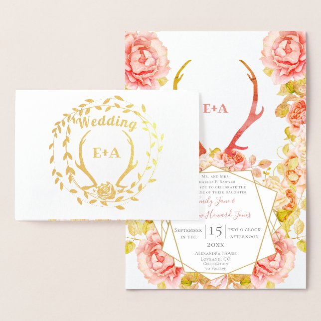 Boho Pink Blush Rose Gold Antler Wedding Real Gold Foil Card (Display)