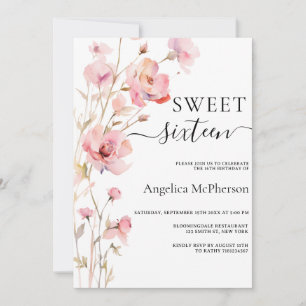 BOHO PINK BLUSH WATERCOLOR MEADOW FLOWERS SWEET 16 INVITATION