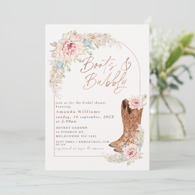Boho Pink Boots and Bubbly Bridal Shower Invitation (Standing Front)