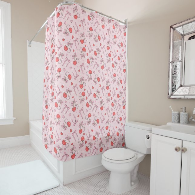 Boho Pink Bow & Berries Shower Curtain (In Situ)
