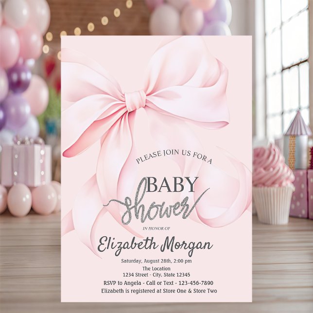Boho Pink Bow Pink Striped Baby Shower Invitation (Creator Uploaded)