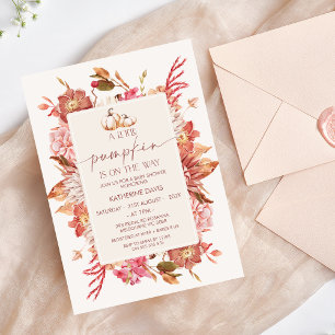 Boho Pink Brown Fall Little Pumpkin Baby Shower  Invitation