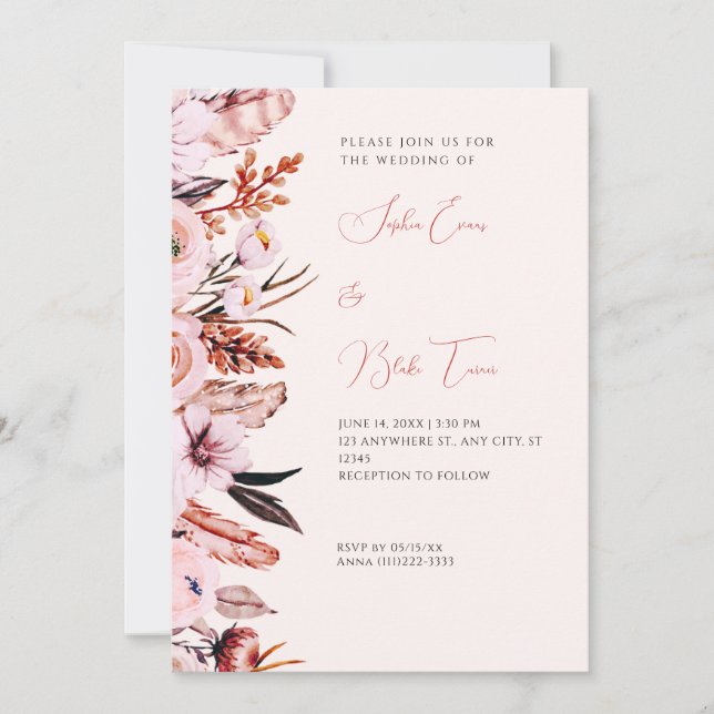 Boho Pink & Brown Flowers & Feathers Cream Wedding Invitation (Front)