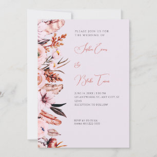 Boho Pink & Brown Flowers/Feathers Purple Wedding Invitation