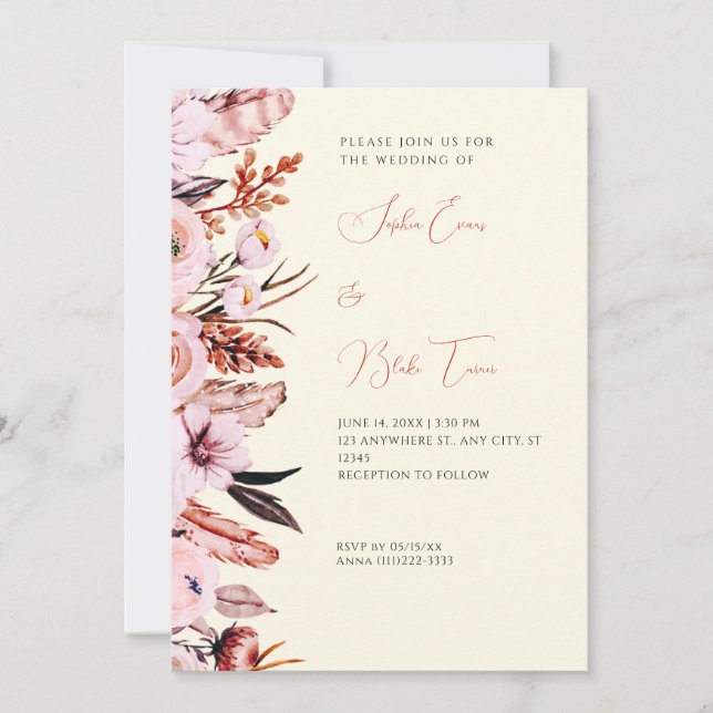 Boho Pink & Brown Flowers/Feathers Yellow Wedding Invitation (Front)