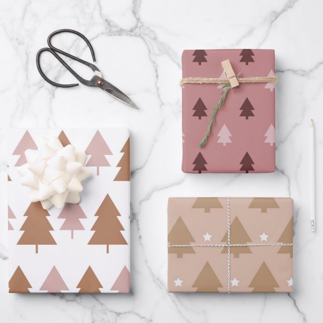 Boho Pink Brown White Christmas Trees Holiday   Wrapping Paper Sheet (Front)