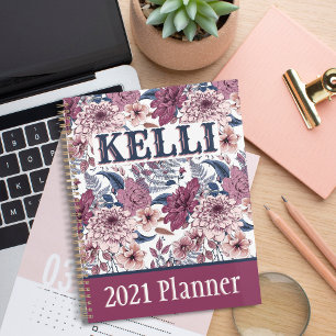Boho Pink Burgundy Floral and Blue Botanicals Planner