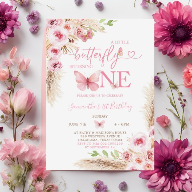 Boho Pink Butterfly First Birthday Floral Invitation (Creator Uploaded)