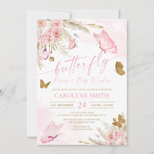 Boho Pink Butterfly Kisses Baby Shower Invitation (Front)