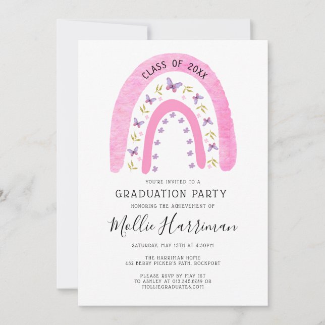 Boho Pink Butterfly Rainbow Girly Graduation Invitation (Front)