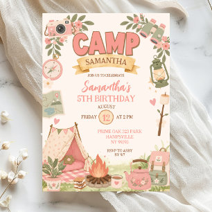 Boho Pink Camping Theme Girl Birthday Invitation