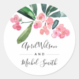 BOHO PINK CHRIST THORN BLOOM WATERCOLOR WEDDING CLASSIC ROUND STICKER