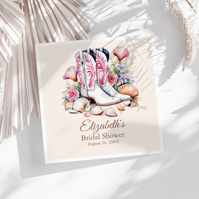Boho Pink Coastal Cowgirl Boots Bridal Shower Napkin (Boho Pink Coastal Cowgirl Boots Bridal Shower Napkins on a sunny white table.)