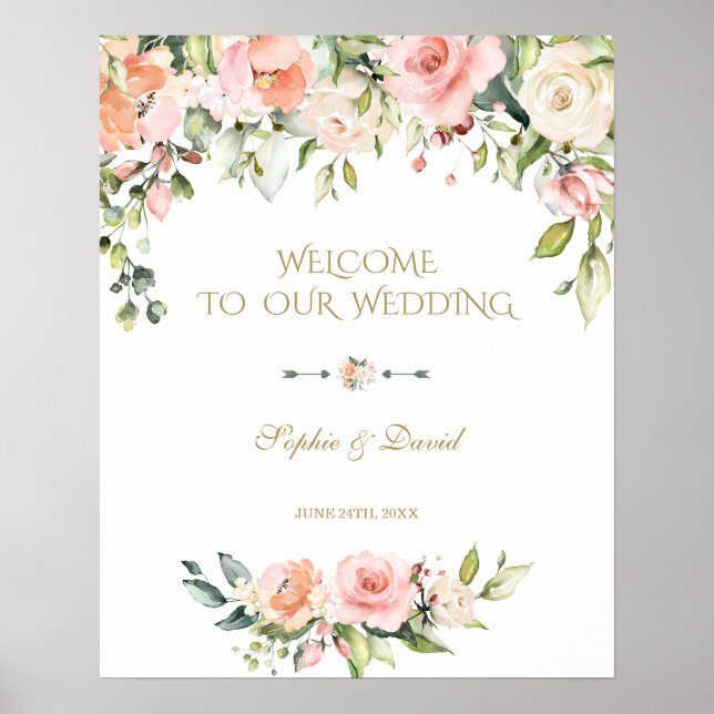 Boho Pink Cream Flowers Welcome Wedding Sign (Front)