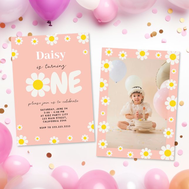 Boho Pink Cute Daisy 1st Birthday Flower Photo  Invitation (Creator Uploaded)
