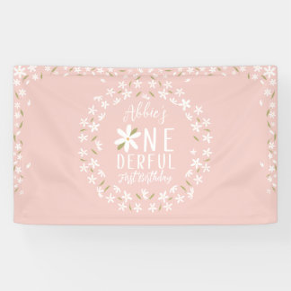 Boho Pink Daisy First Birthday Backdrop Banner