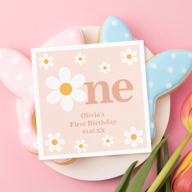 Boho Pink Daisy First Birthday Napkin (Creator Uploaded)