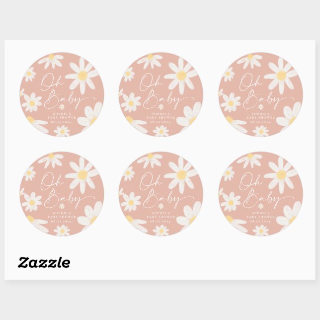 Boho Pink Daisy Flower Round Sticker (Sheet)