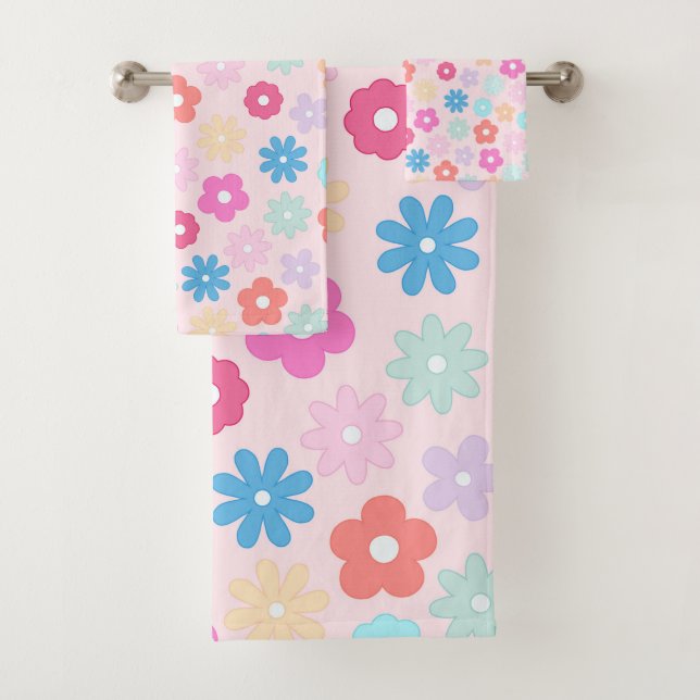 Boho Pink Daisy Flowers Pattern Bath Towel Set (Insitu)