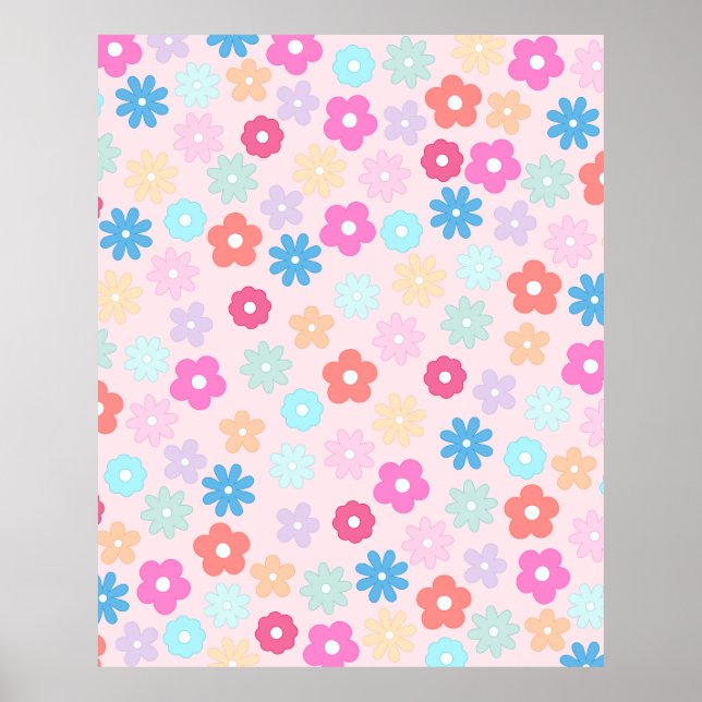 Boho Pink Daisy Flowers Pattern Poster (Front)