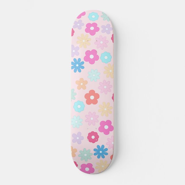 Boho Pink Daisy Flowers Pattern Skateboard (Front)