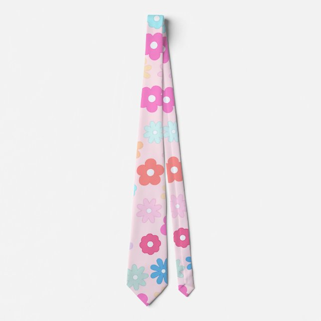 Boho Pink Daisy Flowers Pattern Tie (Front)