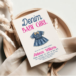 Boho Pink Denim Girl Blue Jean Baby Shower Invitation