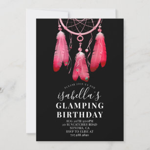Boho Pink Dream Catcher Glamping Birthday Black Invitation