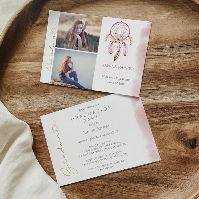 Boho Pink Dream Catcher Photo Graduation Party Invitation (Creator Uploaded)