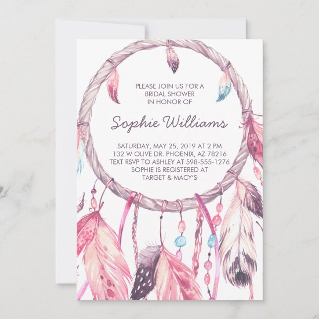Boho Pink Dreamcatcher Bridal Shower Invitation (Front)
