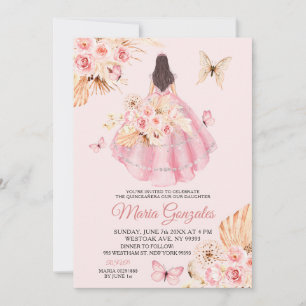 Boho Pink Dress Butterfly Floral Princess 15 Años Invitation