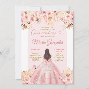 Boho Pink Dress Floral Princess Quinceañera Invitation