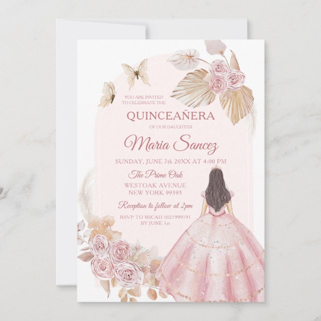 Boho Pink Dress Mexican Princess Quinceañera Invitation (Front)