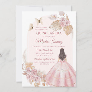 Boho Pink Dress Mexican Princess Quinceañera Invitation
