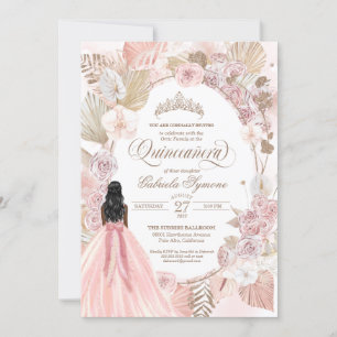 Boho Pink Dried Floral Roses Quinceanera Birthday  Invitation