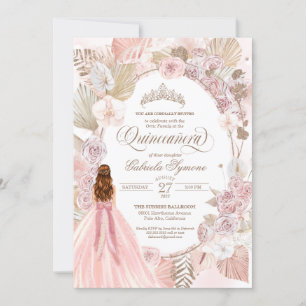 Boho Pink Dried Floral Roses Quinceanera Birthday  Invitation