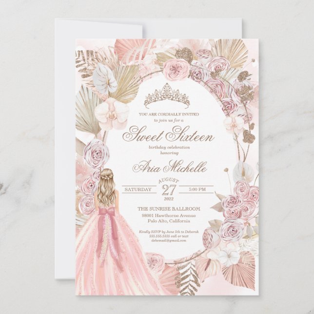 Boho Pink Dried Floral Roses Sweet 16 Birthday Invitation (Front)