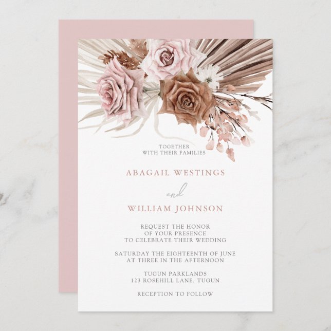 Boho Pink Dusty Rose Blush Bohemian Floral Wedding Invitation (Front/Back)