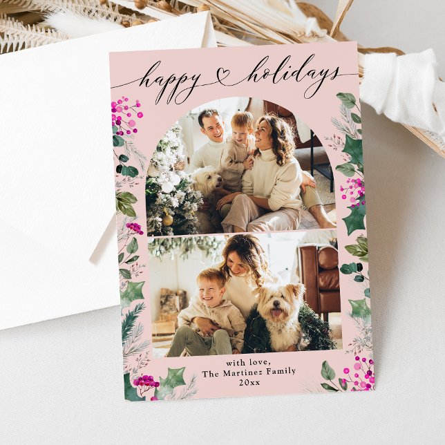 Boho Pink Elegant 2 Family Photo Holiday Card (Creator Uploaded)