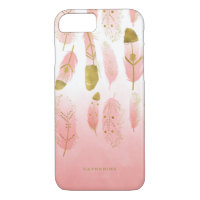 Boho Pink Feathers Faux Gold Foil Personalised