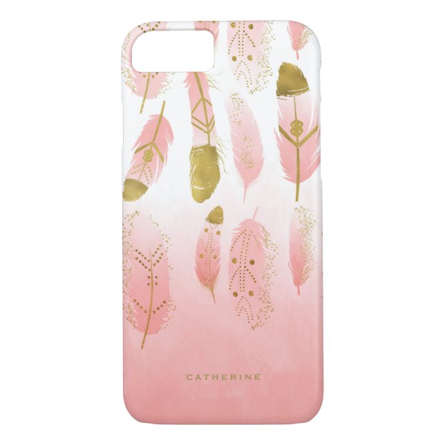 Boho Pink Feathers Faux Gold Foil Personalised Case-Mate iPhone Case (Back)