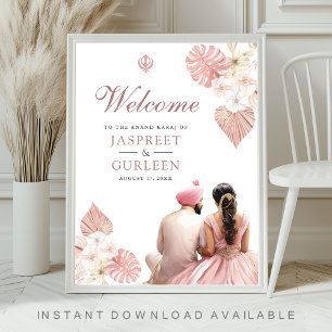 Boho Pink Floral Anand Karaj Wedding Welcome Sign